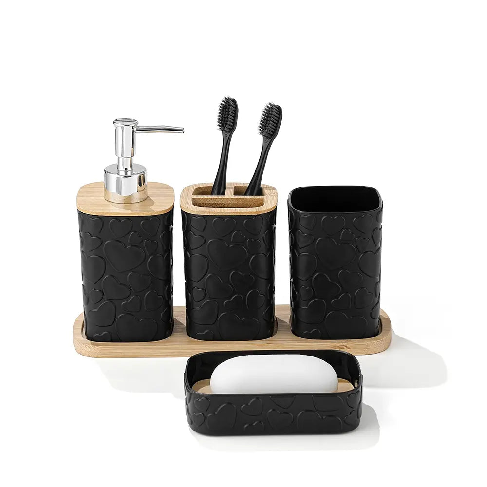 5-Piece Heart Pattern Bathroom Accessory Set, Matte Resin Storage Kit with Bamboo Base, Includes Soap Dispenser, Toothbrush Holder, Mouthwash Cup, Soap Dish, Tray, Restroom Accessories
