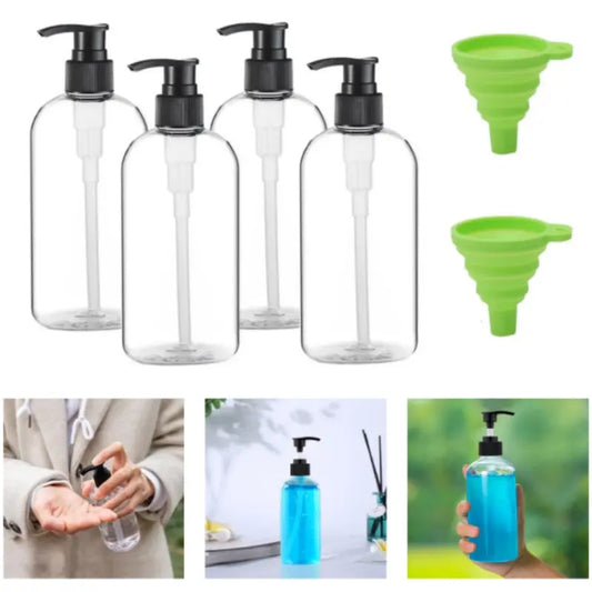 Sturdy 4-Pack 16.9oz/500ml Food-Grade Leak-Proof PET Plastic Pump Bottles, 8.7x3in Transparent Refillable Countertop Soap Dispensers with 2 Funnels for Lotion, Shampoo, Portable Travel & Perfume Bottle (Kitchen/Bathroom Use)