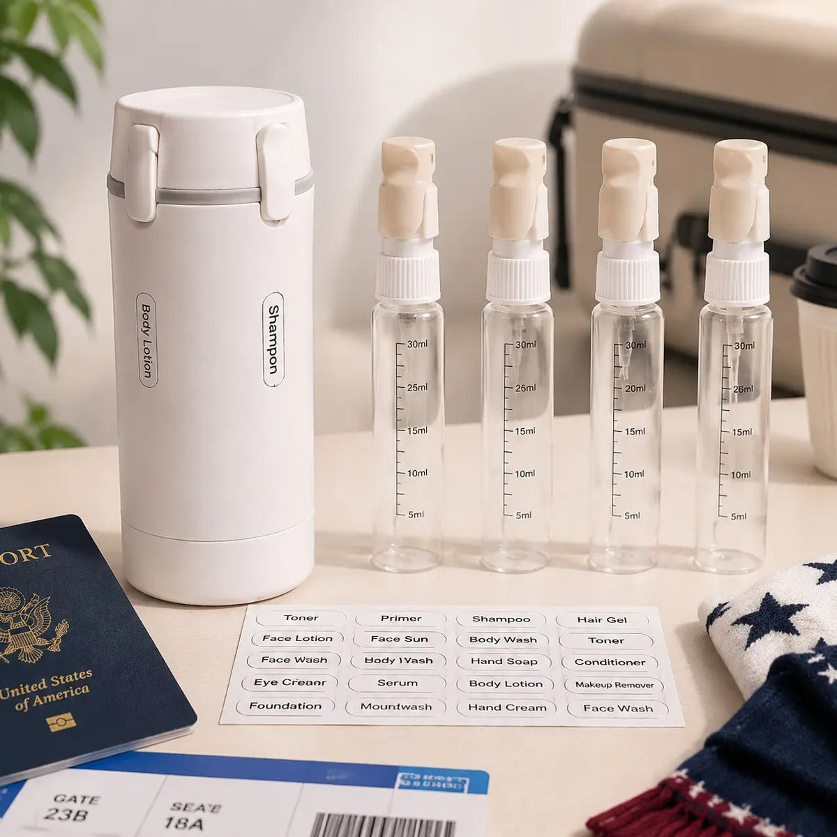 4-in-1 Travel Bottle Set, Refillable Leak Proof Travel Dispenser Bottle for Shampoo, Conditioner and Lotion, TSA Travel Toiletry Container for Trip Essentials