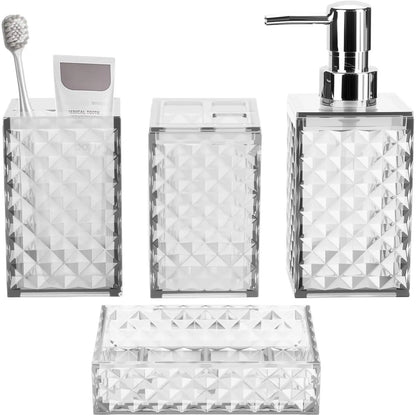 Grey Grid Pattern 4-Piece Stainless Steel Bathroom Accessory Set - Pump Dispenser, Soap Dish, Toothbrush Holder, Polypropylene Mouthwash Cup, Space Saver Modern Decor, Ideal Gift