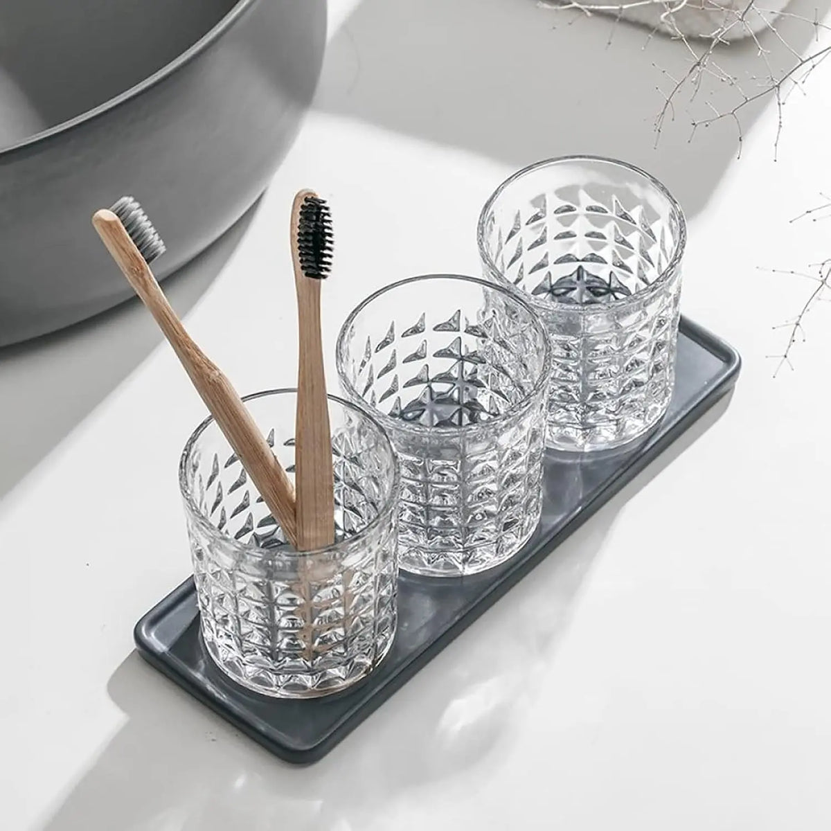 2-Pc Diamond Embossed Glass Mouthwash Cup Set, 8 Oz Bathroom Brushing Cup