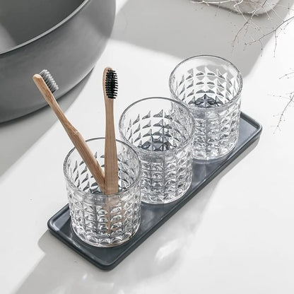 2-Pc Diamond Embossed Glass Mouthwash Cup Set, 8 Oz Bathroom Brushing Cup