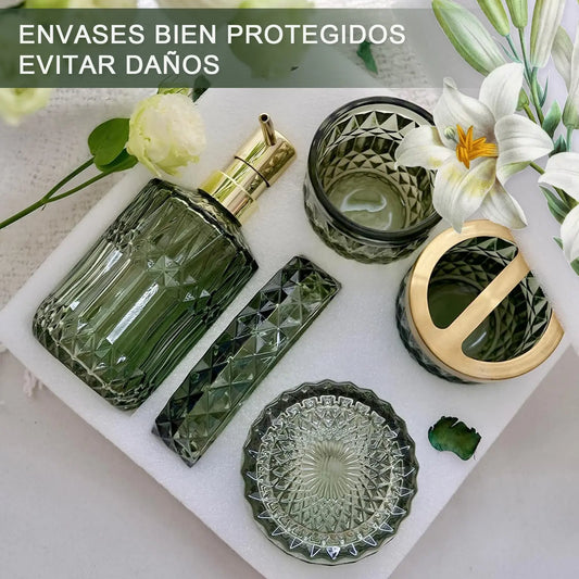 Vintage Modern Green Thick Glass Bathroom Decor Set (5 Pieces) - Lotion Soap Dispenser with Sturdy ABS Pump, 1 Soap Dish, Toothbrush Holder, Tumbler, Cotton Swab Jar - Stylish Detachable Bath Supplies for Mother's Day, Valentine's Day