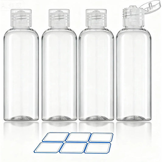 4 Pack 3.4 Oz (100ml) TSA Approved Travel Bottles for Toiletries | Leak Proof Plastic Travel Essentials Accessories with Labels