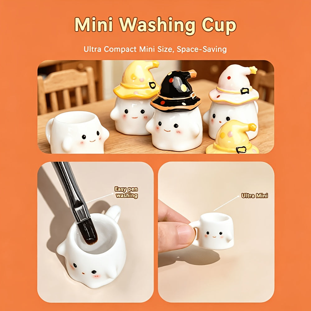 1pc Mini Nail Brush Washing Cup, Nail Art Cleaner Cup, Cute Ghost Ceramic Wash Cup with Detachable Witch Hat Lid, Portable Tiny Manicure Brush Rinse Holder, Nail Desktop Supplies, Halloween Cartoon Nail Art Tools for Salon Home Gel Nail Painting