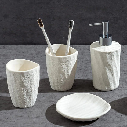 Bathroom Accessories Set, 4 count Modern Stone Texture, White | Minimalist, , with Liquid Soap Dispenser 11.5 OZ, Tumblers,  Holder, Bar Soap Tray, For Countertop Sink