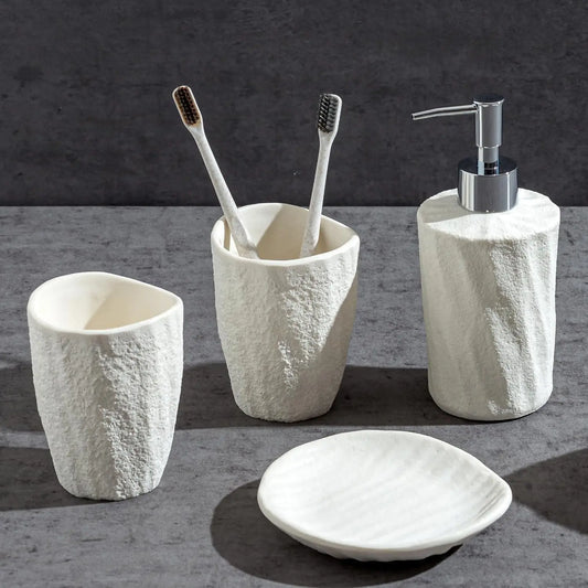 Bathroom Accessories Set, 4 count Modern Stone Texture, White | Minimalist, , with Liquid Soap Dispenser 11.5 OZ, Tumblers,  Holder, Bar Soap Tray, For Countertop Sink