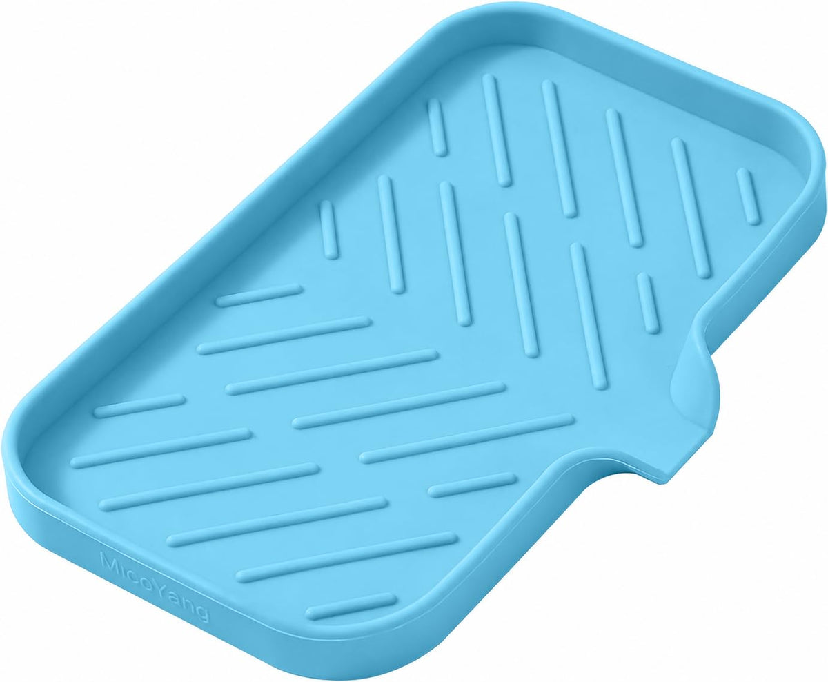 MicoYang Silicone Soap Dish with Drain Spout, Self-Draining Sink Organizer Tray for Bathroom and Kitchen, Sponges, Dispensers and Soap Holder, Non-Slip and Dishwasher Safe, White (Compact, 4.9"×3.2")