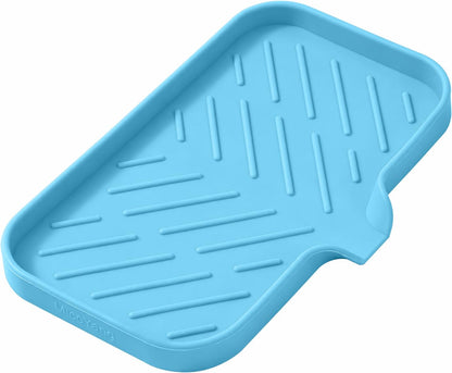 MicoYang Silicone Soap Dish with Drain Spout, Self-Draining Sink Organizer Tray for Bathroom and Kitchen, Sponges, Dispensers and Soap Holder, Non-Slip and Dishwasher Safe, White (Compact, 4.9"×3.2")