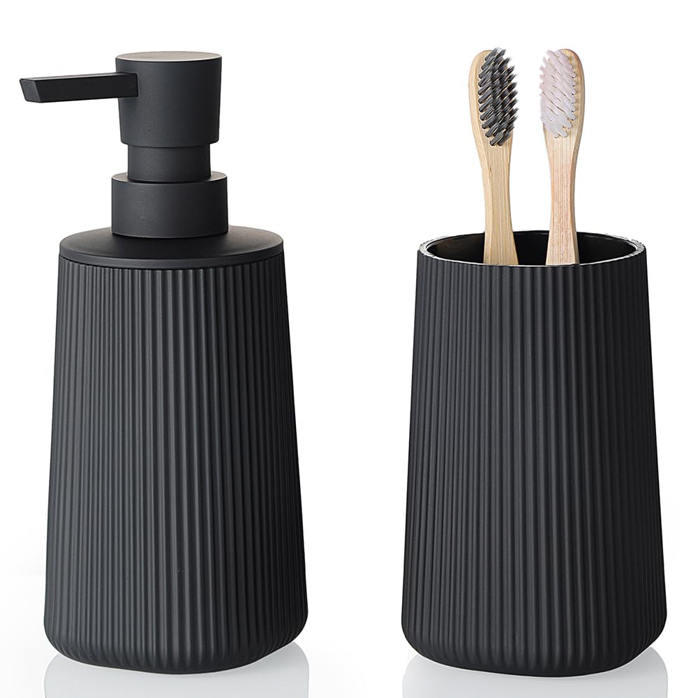 YAUKPH Bathroom Soap Dispenser and Toothbrush Holder Striped Black
