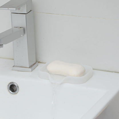 MicoYang Silicone Soap Dish with Drain Spout, Self-Draining Sink Organizer Tray for Bathroom & Kitchen, Sponges, Dispensers & Soap Holder, Non-Slip & Dishwasher Safe, Translucent (Compact, 4.9"×3.2")