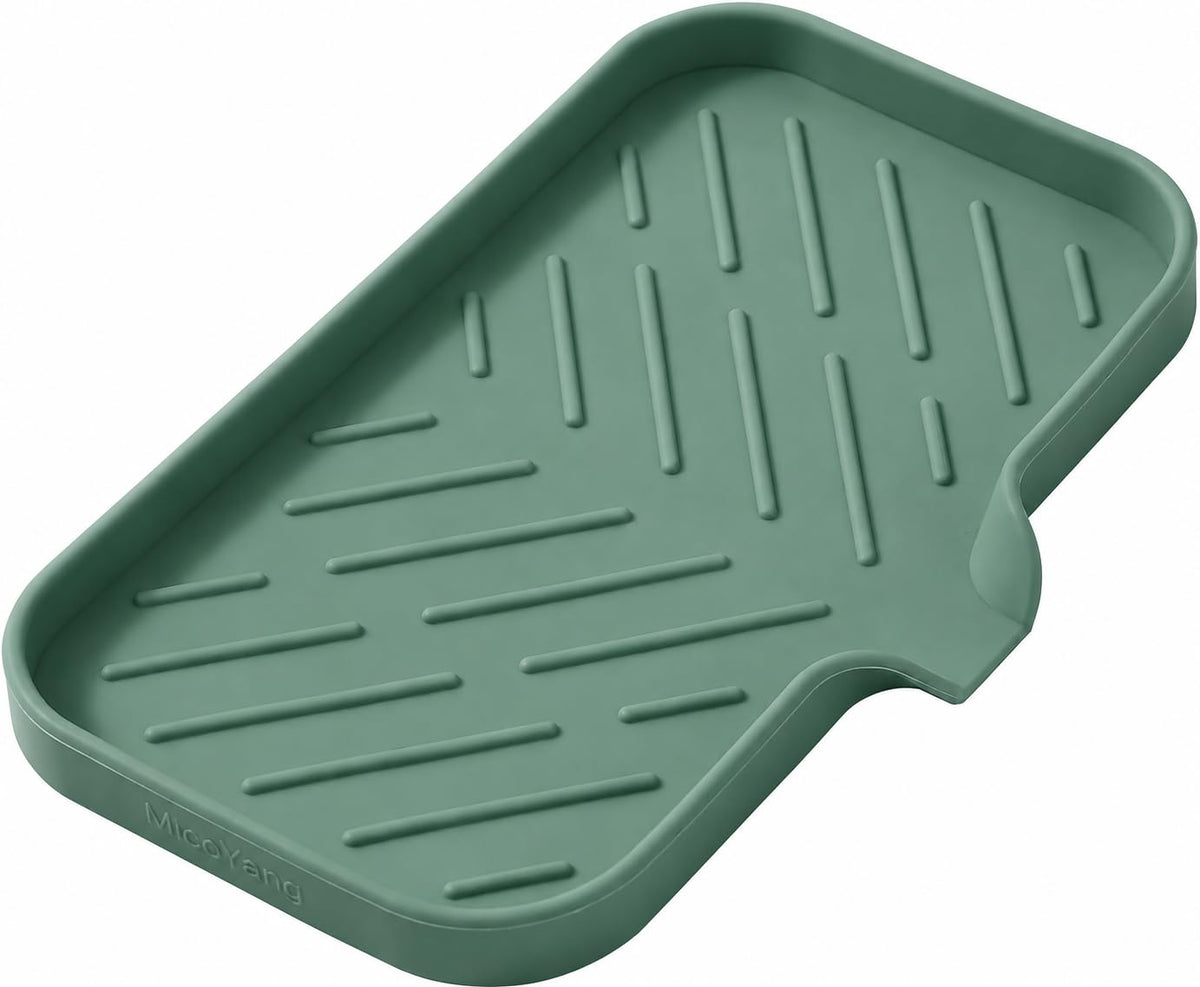 MicoYang Silicone Soap Dish with Drain Spout, Self-Draining Sink Organizer Tray for Bathroom & Kitchen, Sponges, Dispensers & Soap Holder, Non-Slip & Dishwasher Safe, Translucent (Compact, 4.9"×3.2")
