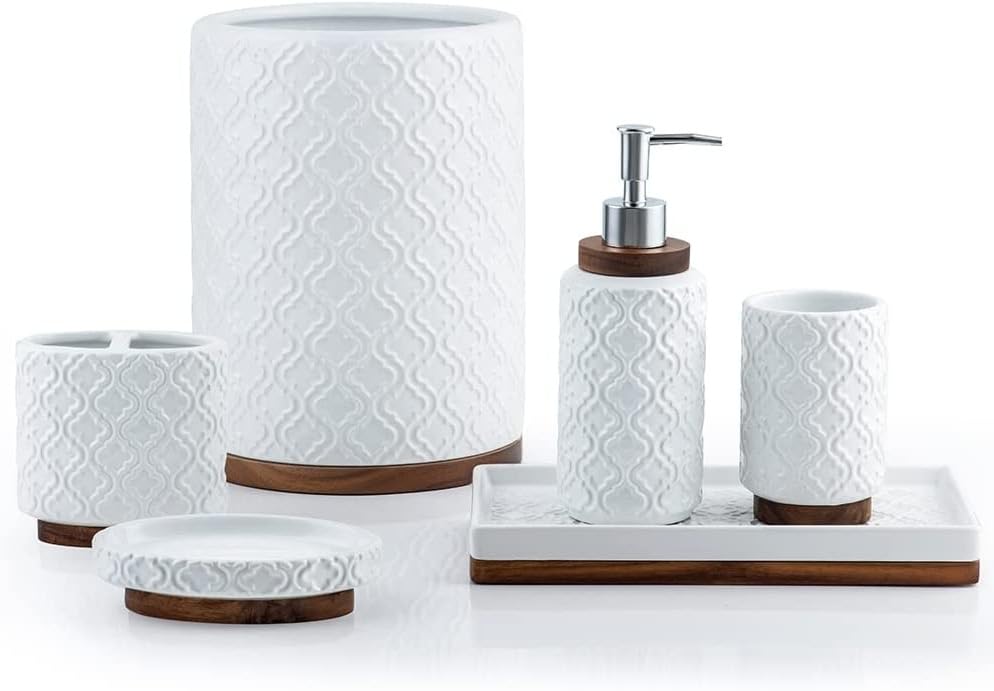 RQYIXI Ceramic Bathroom Accessories Set,White,4 Piece,Embossed Design