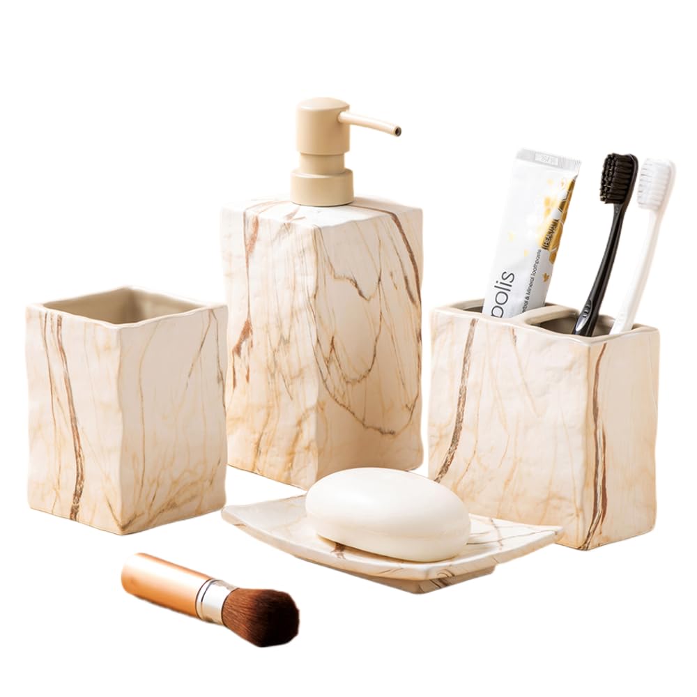 RQYIXI Ceramic Bathroom Accessories Set,White,4 Piece,Embossed Design