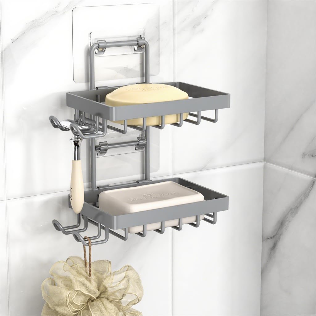 Moforoco Double Soap Bar Holder for Shower, No Drilling, 304 Stainless Steel, Wall Mounted Soap Holder with 4 Hooks and Razor Holder, Shower Rack Soap Tray Bar Soap for Bathroom Accessories Organizer