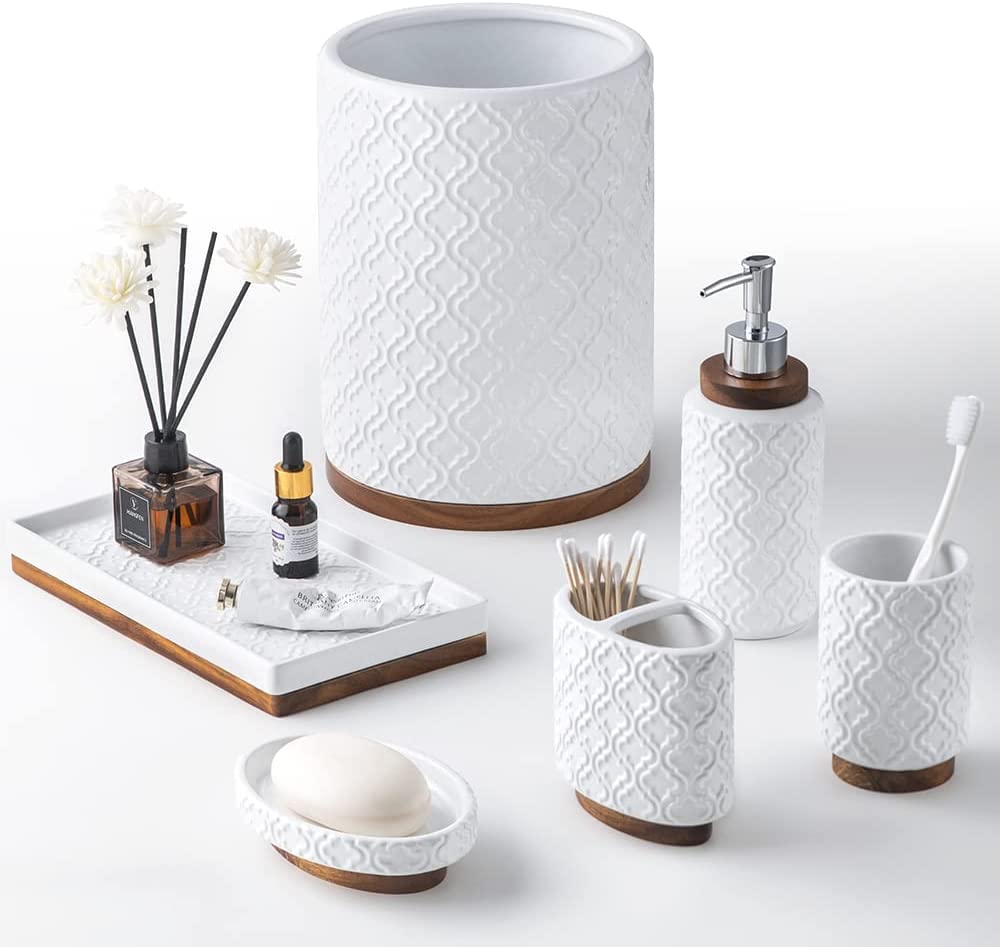 RQYIXI Ceramic Bathroom Accessories Set,White,4 Piece,Embossed Design