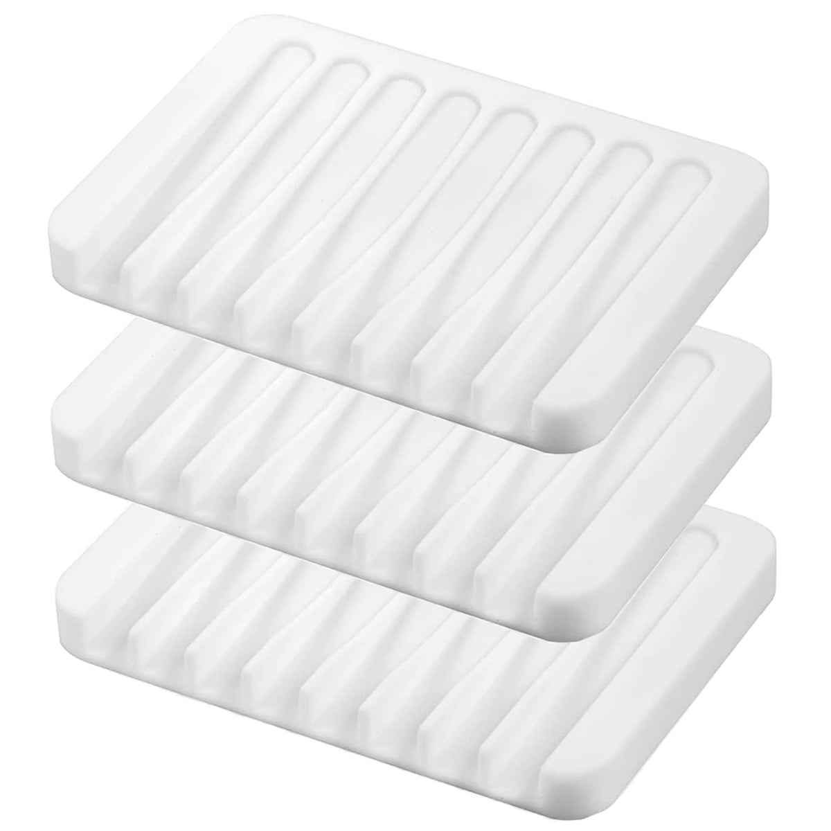 Self Draining Soap Dishes, 3 Pcs Silicone Soap Saver, Waterfall Drainer Soap Holder for Bathroom, Extend Soap Life, Keep Soap Bars Dry Clean & Easy Cleaning (White, Gray, Teal)