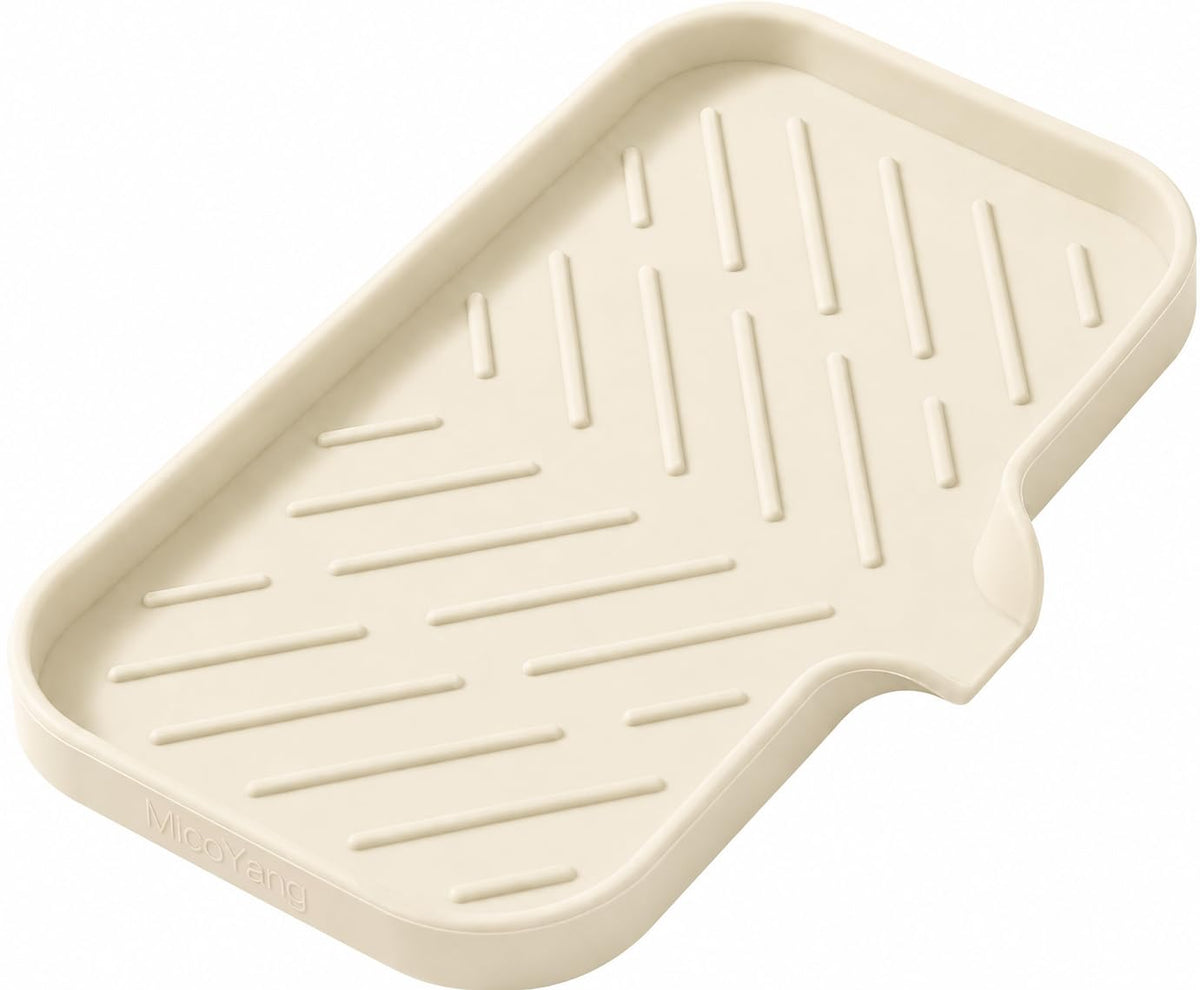 MicoYang Silicone Soap Dish with Drain Spout, Self-Draining Sink Organizer Tray for Bathroom and Kitchen, Sponges, Dispensers and Soap Holder, Non-Slip and Dishwasher Safe, White (Compact, 4.9"×3.2")