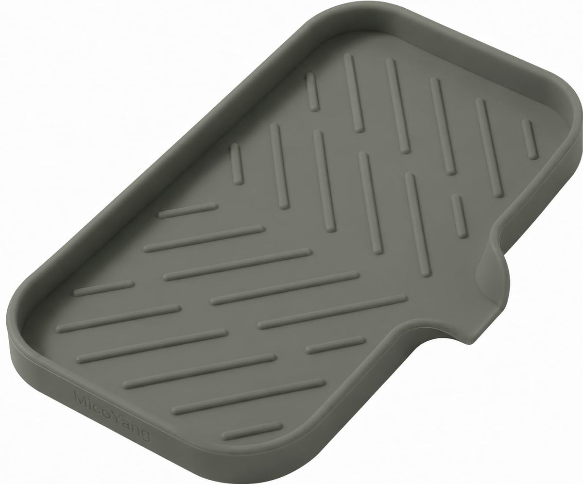 MicoYang Silicone Soap Dish with Drain Spout, Self-Draining Sink Organizer Tray for Bathroom and Kitchen, Sponges, Dispensers and Soap Holder, Non-Slip and Dishwasher Safe, White (Compact, 4.9"×3.2")