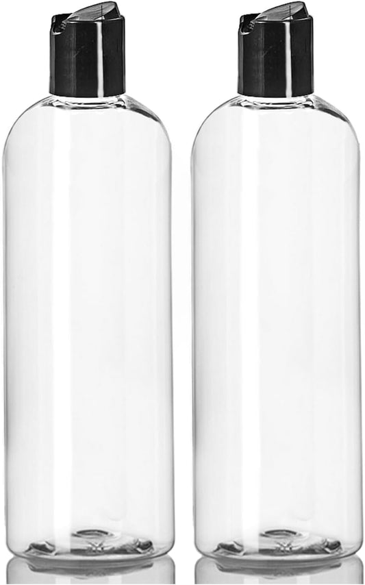 ljdeals 16 oz Clear Plastic Empty Bottles with Black Disc Top Caps, Squeezable Refillable Containers for Shampoo, Lotions, Cream and more Pack of 2, BPA Free, Made in USA