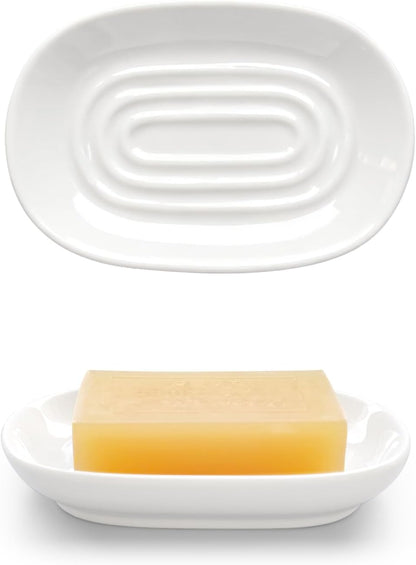 Ceramic Soap Dish for Bath Sink- Modern White Bar Soap Holder for Shower - Easy to Clean Multi-Purpose Oval Soap Dishes for Soap Bar, Sponges, Jewelry, Small Items | Fits Bathroom & Kitchen