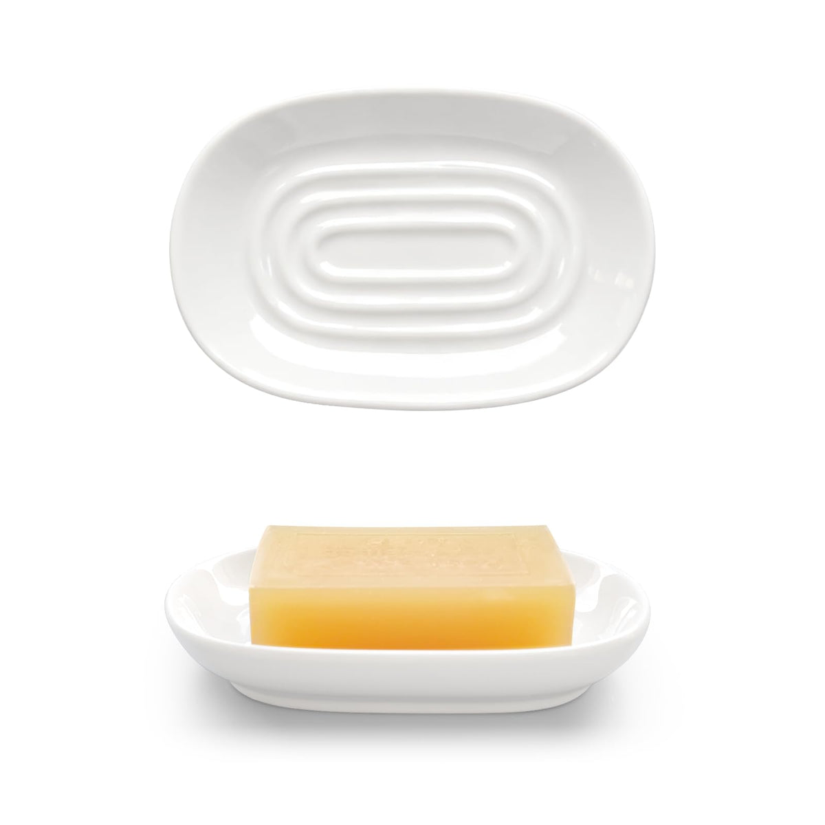 Ceramic Soap Dish for Bath Sink- Modern White Bar Soap Holder for Shower - Easy to Clean Multi-Purpose Oval Soap Dishes for Soap Bar, Sponges, Jewelry, Small Items | Fits Bathroom & Kitchen