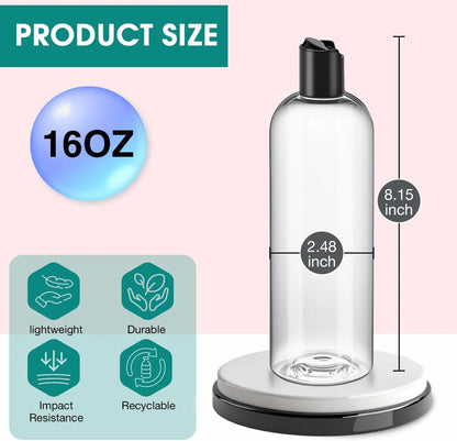 3Pcs 16 oz (500ml) BPA-Free Squeezable Refillable Plastic Empty Bottles, Black Disc Top Caps, 2 Small Funnels - Home Improvement Containers for Shampoo, Lotions,sohochic