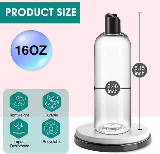3Pcs 16 oz (500ml) BPA-Free Squeezable Refillable Plastic Empty Bottles, Black Disc Top Caps, 2 Small Funnels - Home Improvement Containers for Shampoo, Lotions,sohochic