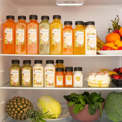 12oz Reusable Plastic Juice Bottles with Lids - 36 Pcs Kitchen Preserving Canisters, Blank Labels & Brush for Outdoor Carry (Juice, Milk),sohochic