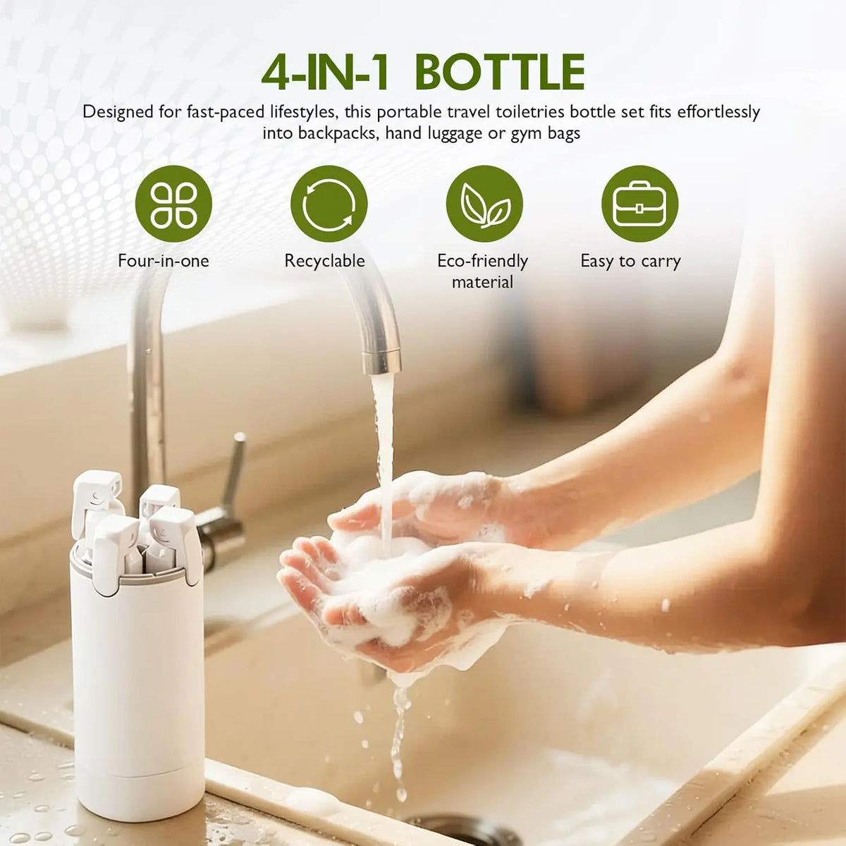 Plastic 2-Pack 4-in-1 TSA-Compliant Leak-Proof Multi-Use Travel Pump Bottle Set with Free Body Wash, Travel-Ready Storage Containers for Shampoo, Conditioner, Lotion, Compact Home Organizer Cosmetic Plastic Containers,sohochic