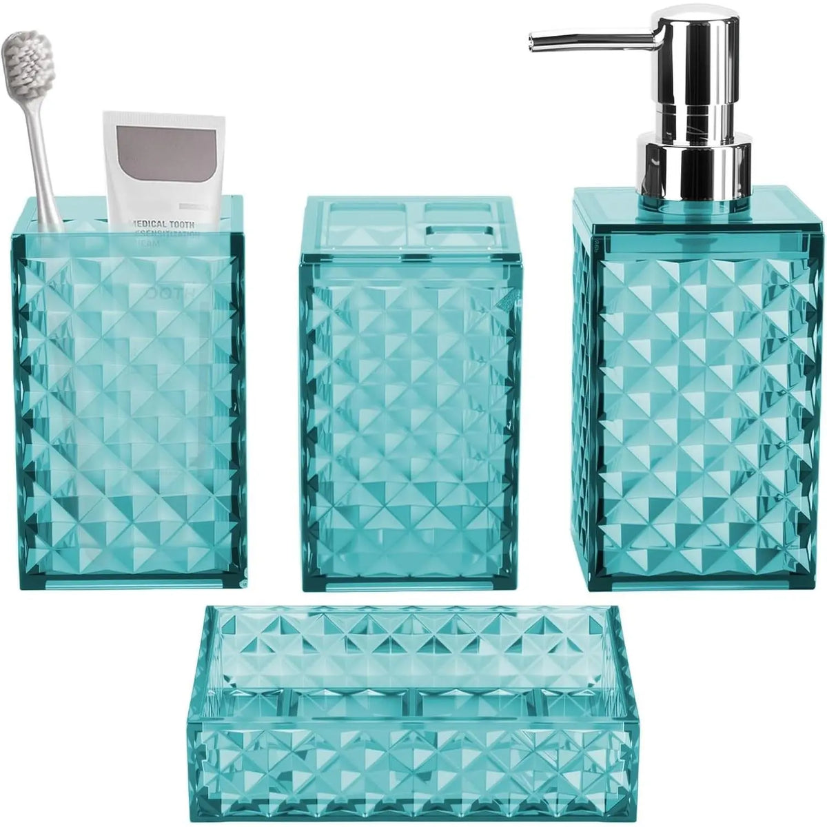 Grey Grid Pattern 4-Piece Stainless Steel Bathroom Accessory Set - Pump Dispenser, Soap Dish, Toothbrush Holder, Polypropylene Mouthwash Cup, Space Saver Modern Decor, Ideal Gift