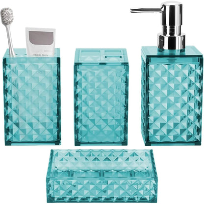 Grey Grid Pattern 4-Piece Stainless Steel Bathroom Accessory Set - Pump Dispenser, Soap Dish, Toothbrush Holder, Polypropylene Mouthwash Cup, Space Saver Modern Decor, Ideal Gift