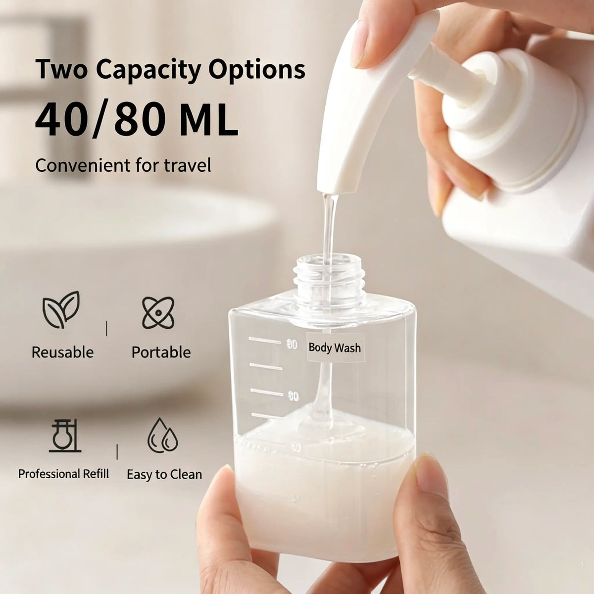 Travel Refillable Pump Bottle Set 40ml/80ml Leak Proof Cosmetic Dispenser TSA Airplane Approved Portable Travel Toiletry Bottles For Shampoo Lotion Body Wash Cleanser With Protective Cover & Label Stickers Travel Business Trip Accessories