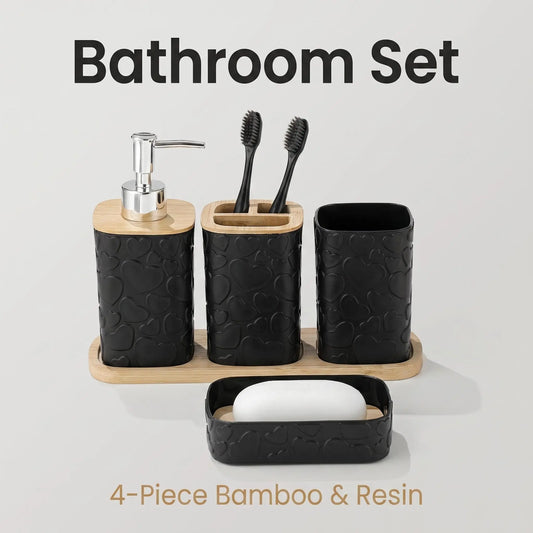 5-Piece Heart Pattern Bathroom Accessory Set, Matte Resin Storage Kit with Bamboo Base, Includes Soap Dispenser, Toothbrush Holder, Mouthwash Cup, Soap Dish, Tray, Restroom Accessories