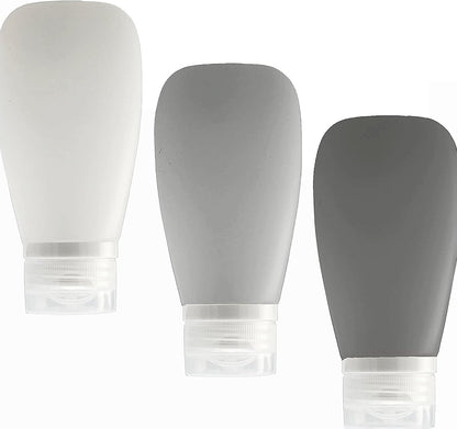 Travel Bottles for Toiletries, TSA Approved 3oz (90ml) Leak Proof Silicone Refillable Squeeze Travel Size Containers BPA Free for Cleansers, Lotions, Shampoo 3-pk (Black-Gray-White)