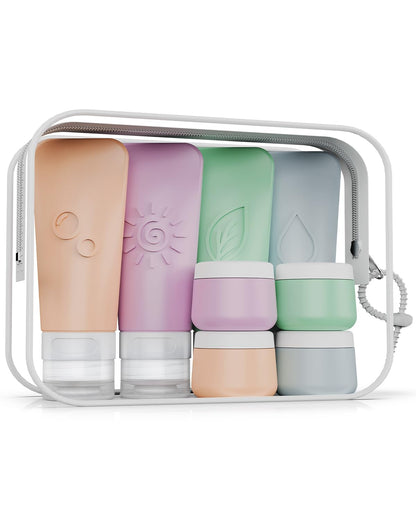 16-Piece Silicone Travel Bottles Set – TSA Approved Leakproof Toiletry Kit with Flat Easy-Squeeze Bottles, Pump & Spray, Waterproof Bag