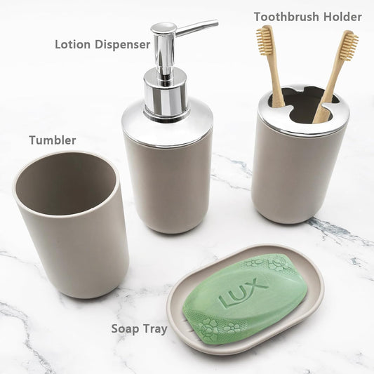 Bathroom Accessory Set, 4 pcs Shatter-Resistant Resin Bathroom Accessories Set Include Lotion Soap Dispenser Toothbrush Holder Soap Dish Modern Bathroom Decor, Gift for Home (Beige 4pcs)