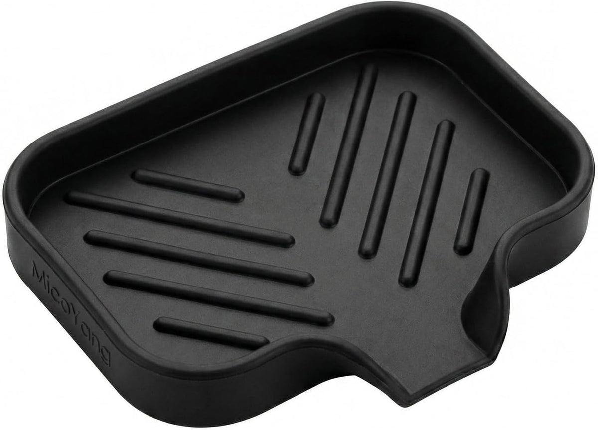 MicoYang Silicone Soap Dish with Drain Spout, Self-Draining Sink Organizer Tray for Bathroom and Kitchen, Sponges, Dispensers and Soap Holder, Non-Slip and Dishwasher Safe, Black (Compact, 4.9"×3.2")
