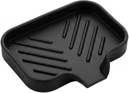 MicoYang Silicone Soap Dish with Drain Spout, Self-Draining Sink Organizer Tray for Bathroom and Kitchen, Sponges, Dispensers and Soap Holder, Non-Slip and Dishwasher Safe, Black (Compact, 4.9"×3.2")