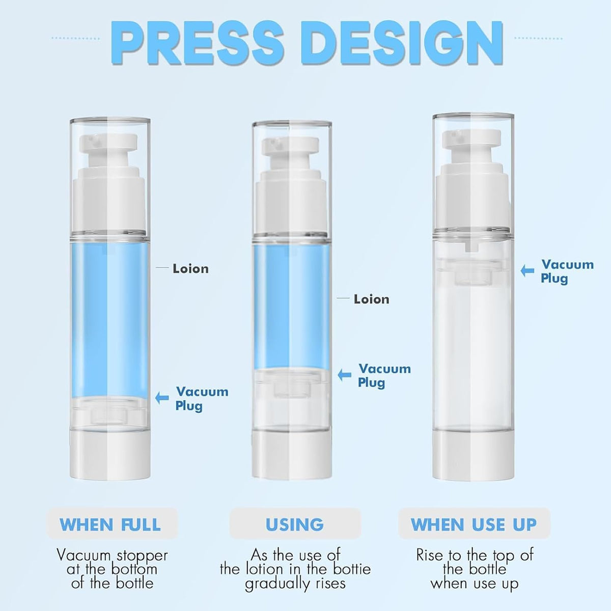 Clear Airless Pump Bottles, Vacuum Travel Cosmetic Containers
