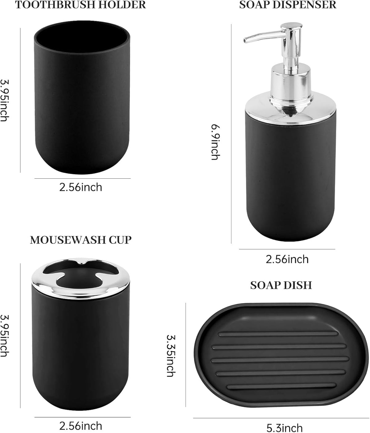 Bathroom Accessory Set, 4 Pcs Black Plastic Bathroom Set