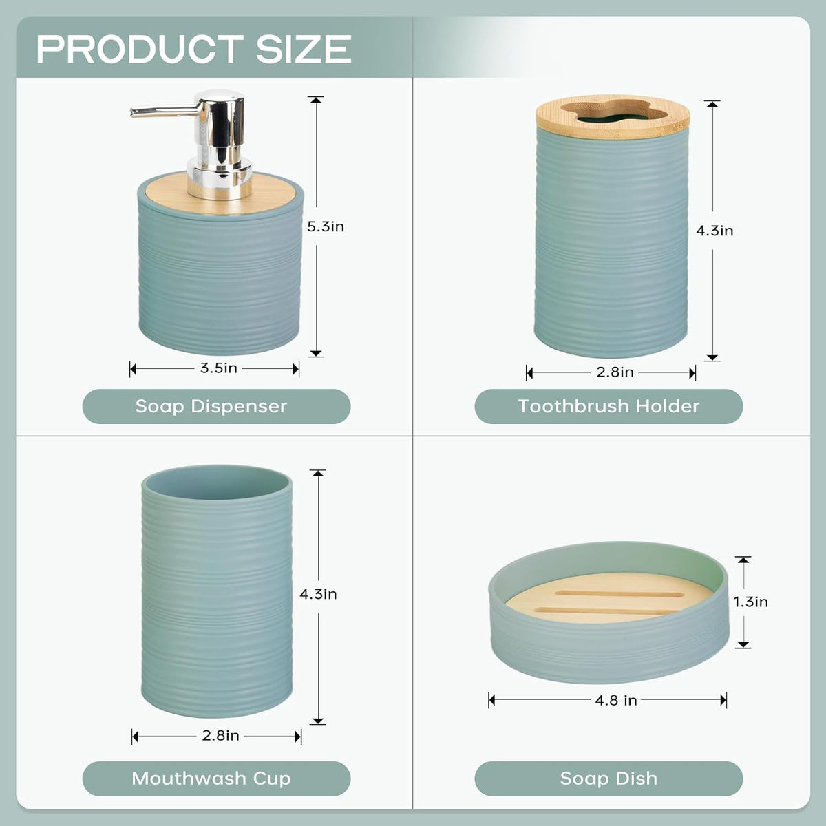 RRM 4 Piece Bamboo Bathroom Accessories Set, Boho Bathroom Decor, Aqua