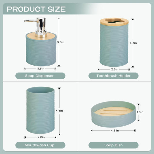 RRM 4 Piece Bamboo Bathroom Accessories Set, Boho Bathroom Decor, Aqua