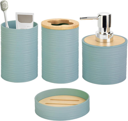 RRM 4 Piece Bamboo Bathroom Accessories Set, Boho Bathroom Decor, Aqua