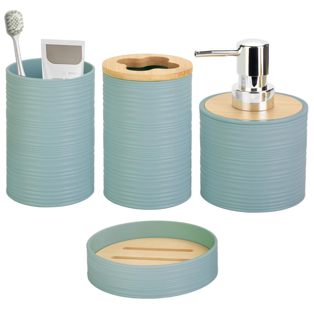 RRM 4 Piece Bamboo Bathroom Accessories Set, Boho Bathroom Decor, Aqua