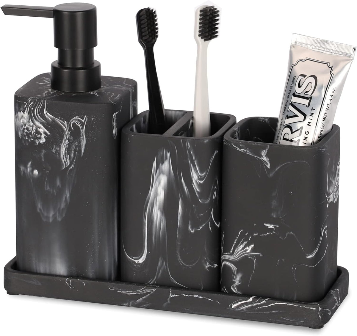 ZCCZ Bathroom Accessory Set, 4 Pcs Marble Look Bathroom Vanity Countertop Bathroom Décor Sets Accessories with Soap Dispenser, Toothbrush Holder Set, Tumbler, Soap Dish (White Marble Look Rounded)