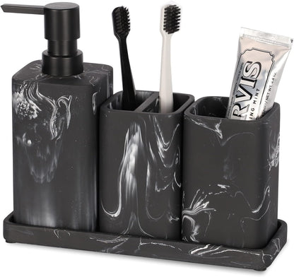 ZCCZ Bathroom Accessory Set, 4 Pcs Marble Look Bathroom Vanity Countertop Bathroom Décor Sets Accessories with Soap Dispenser, Toothbrush Holder Set, Tumbler, Soap Dish (White Marble Look Rounded)