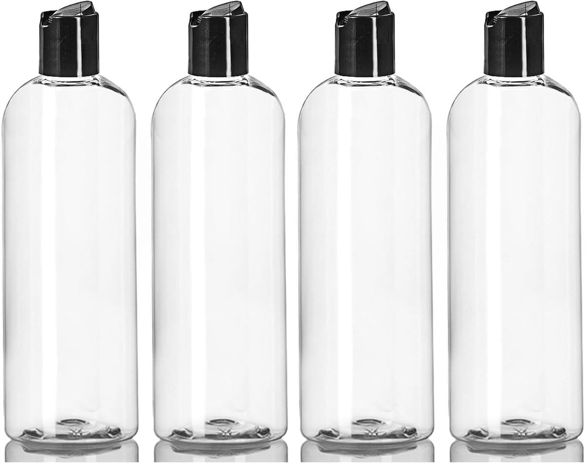 ljdeals 16 oz Clear Plastic Empty Bottles with Black Disc Top Caps, Squeezable Refillable Containers for Shampoo, Lotions, Cream and more Pack of 2, BPA Free, Made in USA
