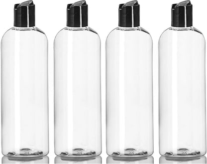 ljdeals 16 oz Clear Plastic Empty Bottles with Black Disc Top Caps, Squeezable Refillable Containers for Shampoo, Lotions, Cream and more Pack of 2, BPA Free, Made in USA