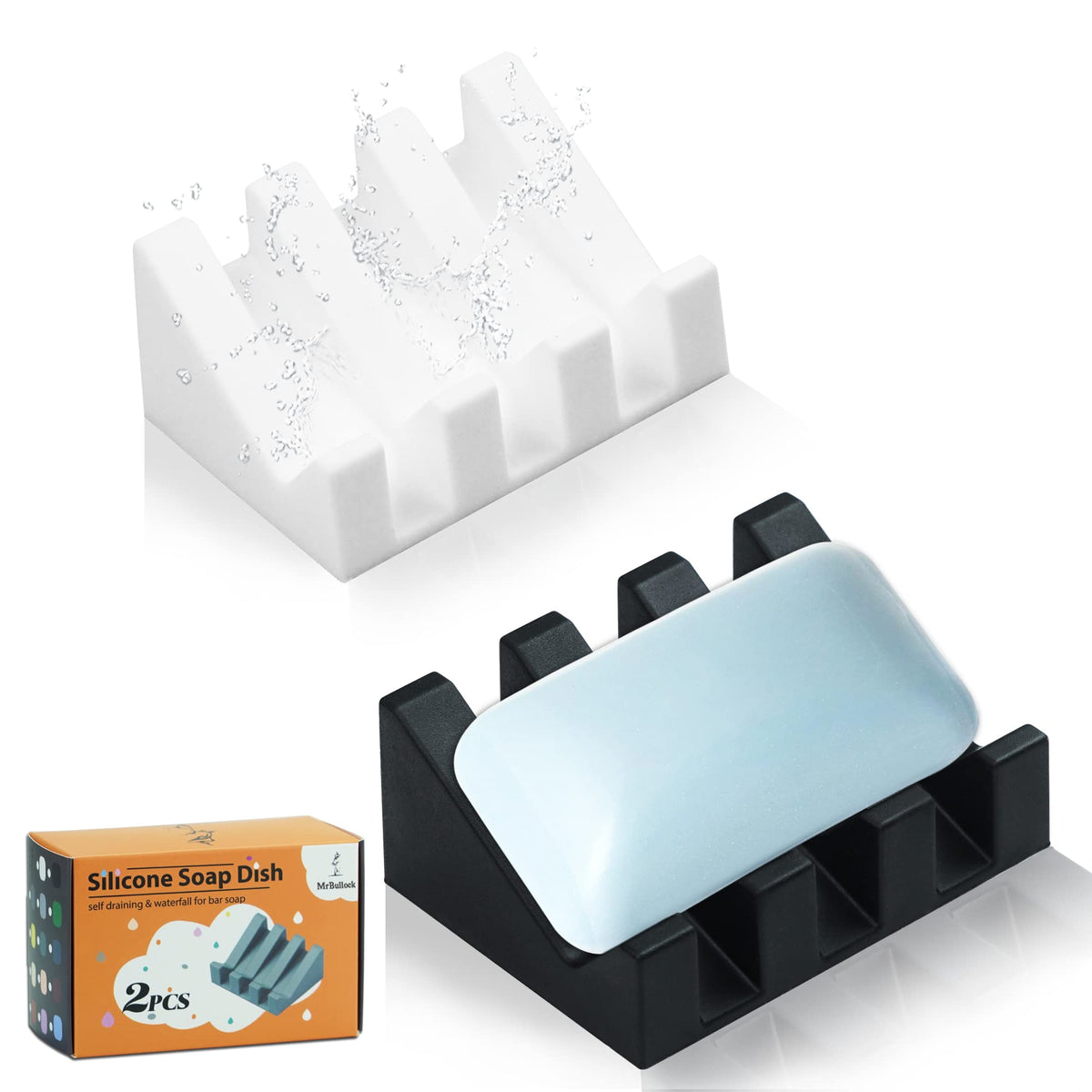 Self Draining Silicone Soap Dish Holder Waterfall Tray, 1 Pack Sky Blue